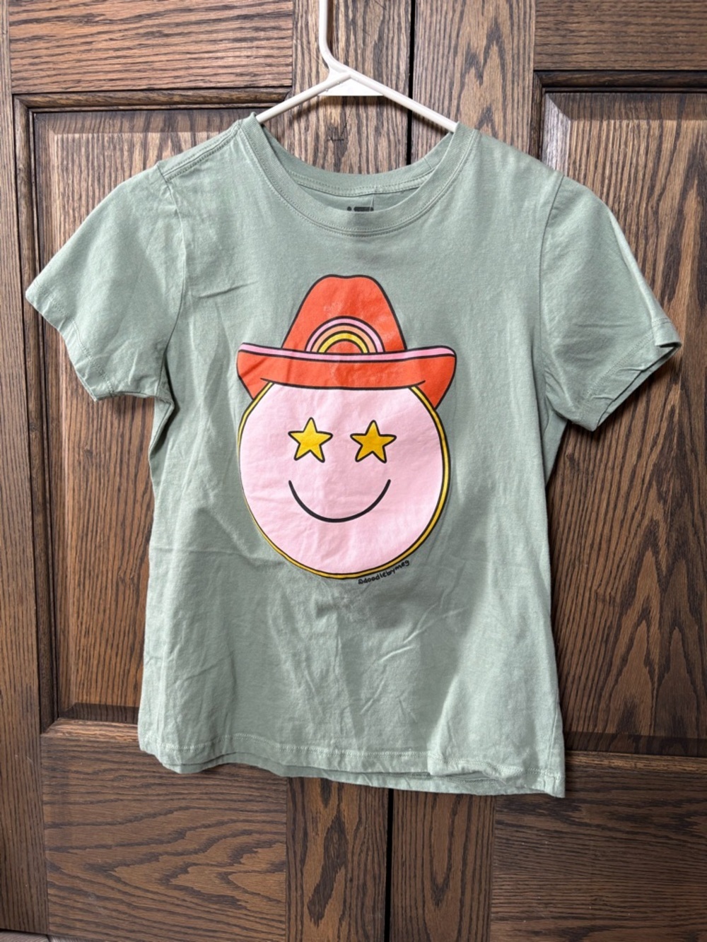 Threadless Sage Green Tee with Pink Smiley, Orange Hat and Yellow Stars